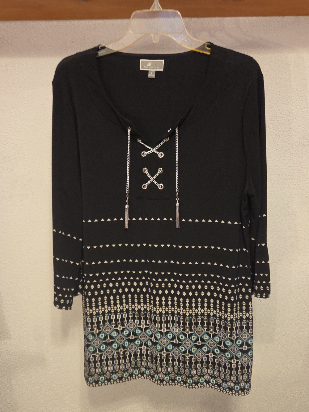 JM Collection Black Tunic with Teal & White Geometric Hem